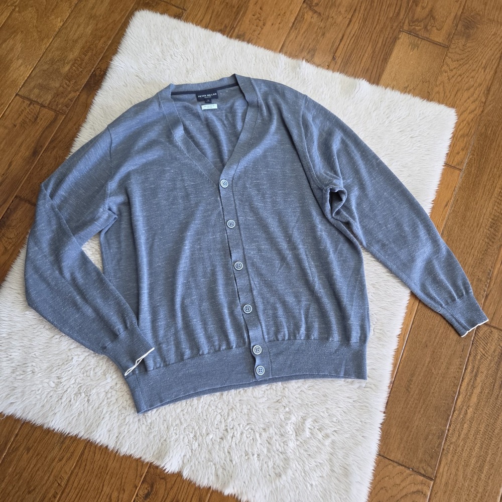Peter Millar Cardigan Button Up Sweater V-Neck Men's XL Blue Wool Silk Linen